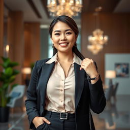 A stunning, voluptuous 26-year-old woman with large breasts, confidently dressed in an elegant business outfit