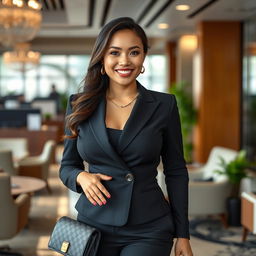 A stunning, voluptuous 26-year-old woman with large breasts, confidently dressed in an elegant business outfit
