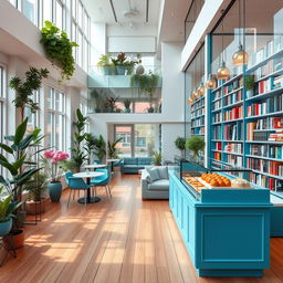 A beautifully designed two-story space featuring a vibrant flower shop and a cozy coffee shop on the first floor with minimalistic decor, abundant natural light filtering through large windows, and an array of lush plants enhancing the atmosphere