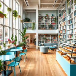 A beautifully designed two-story space featuring a vibrant flower shop and a cozy coffee shop on the first floor with minimalistic decor, abundant natural light filtering through large windows, and an array of lush plants enhancing the atmosphere