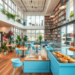 A beautifully designed two-story space featuring a vibrant flower shop and a cozy coffee shop on the first floor with minimalistic decor, abundant natural light filtering through large windows, and an array of lush plants enhancing the atmosphere