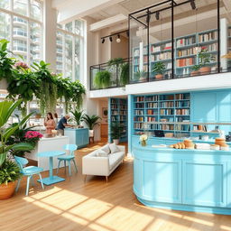 A beautifully designed two-story space featuring a vibrant flower shop and a cozy coffee shop on the first floor with minimalistic decor, abundant natural light filtering through large windows, and an array of lush plants enhancing the atmosphere