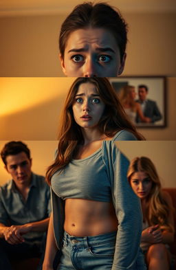 A dramatic scene depicting a young woman named Lucy with an expression of shock and betrayal as she confronts her boyfriend in an intimate moment with her best friend