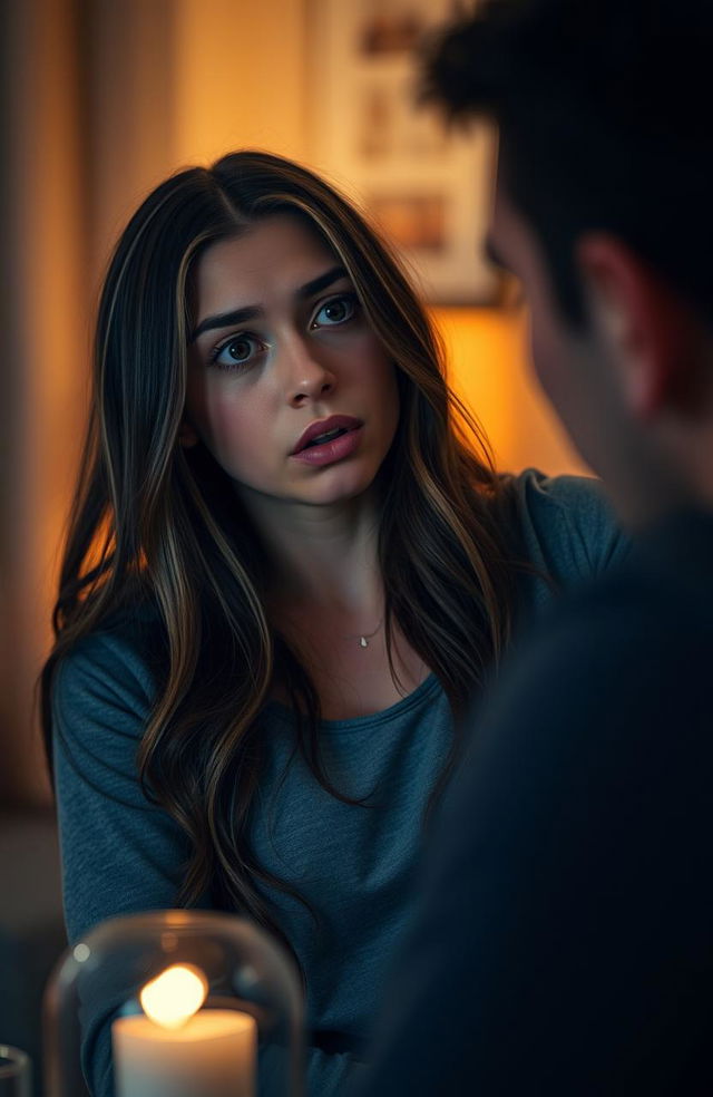 A dramatic scene depicting a young woman named Lucy with an expression of shock and betrayal as she confronts her boyfriend in an intimate moment with her best friend
