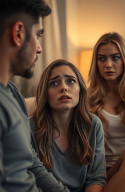 A dramatic scene depicting a young woman named Lucy with an expression of shock and betrayal as she confronts her boyfriend in an intimate moment with her best friend