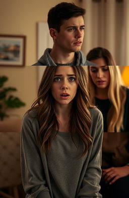 A dramatic scene depicting a young woman named Lucy with an expression of shock and betrayal as she confronts her boyfriend in an intimate moment with her best friend