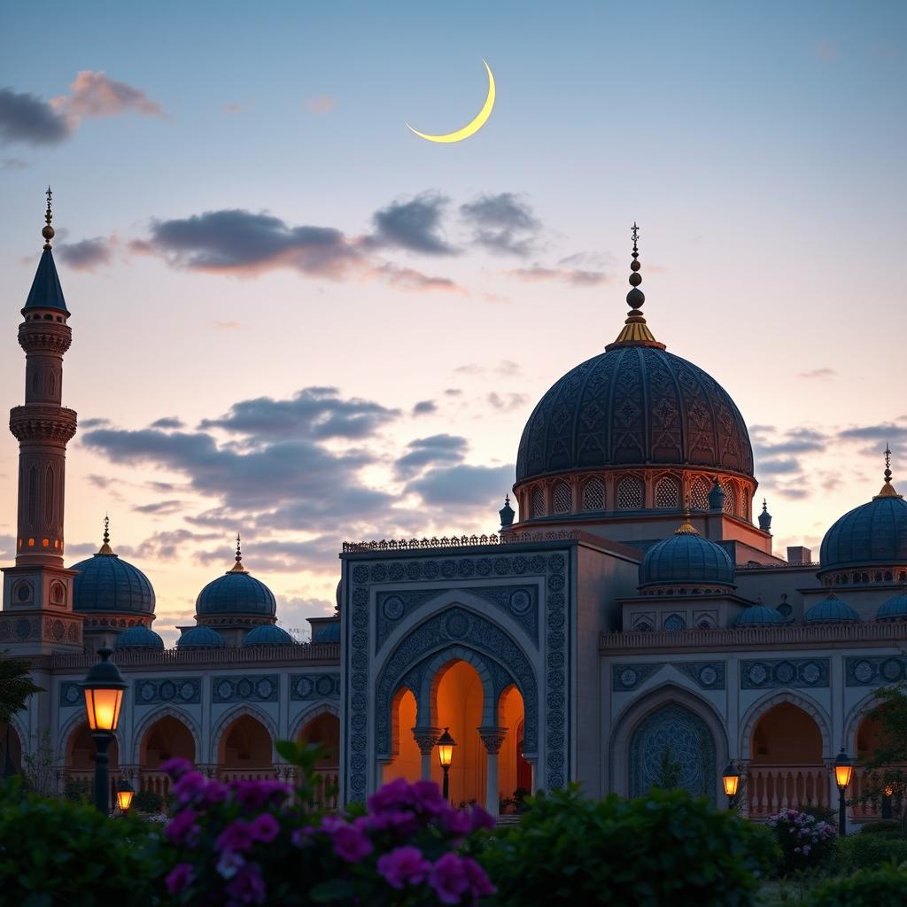 A beautiful Islamic architectural background featuring intricate geometric patterns, majestic domes, and ornate minarets