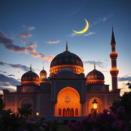 A beautiful Islamic architectural background featuring intricate geometric patterns, majestic domes, and ornate minarets