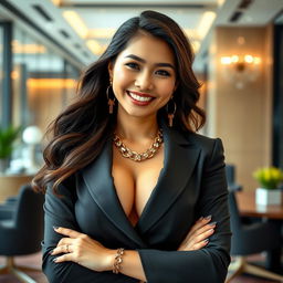 A stunning 26-year-old woman of Indonesian-Chinese descent with very large breasts, dressed in a chic and elegant business outfit