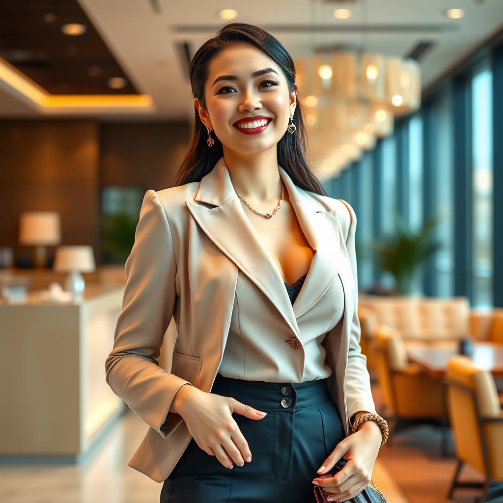 A stunning 26-year-old woman of Indonesian-Chinese descent with very large breasts, dressed in a chic and elegant business outfit