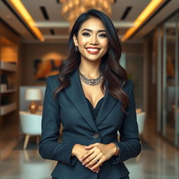 A stunning 26-year-old woman of Indonesian-Chinese descent with very large breasts, dressed in a chic and elegant business outfit