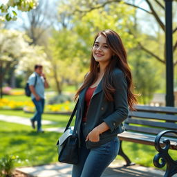 An uplifting scene depicting Lucy, a young woman with long brown hair, dressed in a stylish yet casual outfit, smiling with a sense of peace as she walks away from a park bench