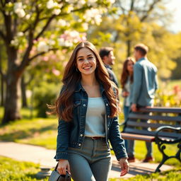 An uplifting scene depicting Lucy, a young woman with long brown hair, dressed in a stylish yet casual outfit, smiling with a sense of peace as she walks away from a park bench