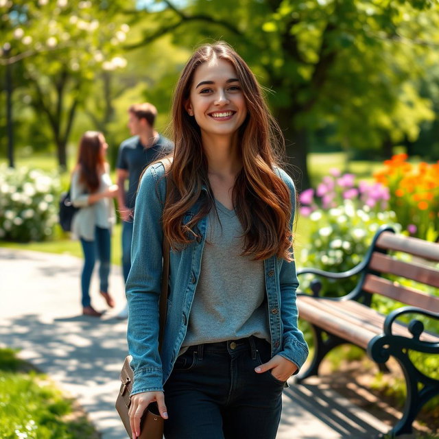 An uplifting scene depicting Lucy, a young woman with long brown hair, dressed in a stylish yet casual outfit, smiling with a sense of peace as she walks away from a park bench