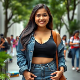A beautiful, voluptuous Indonesian female university student with large breasts, confidently posing in a stylish, casual outfit