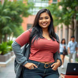 A beautiful, voluptuous Indonesian female university student with large breasts, confidently posing in a stylish, casual outfit