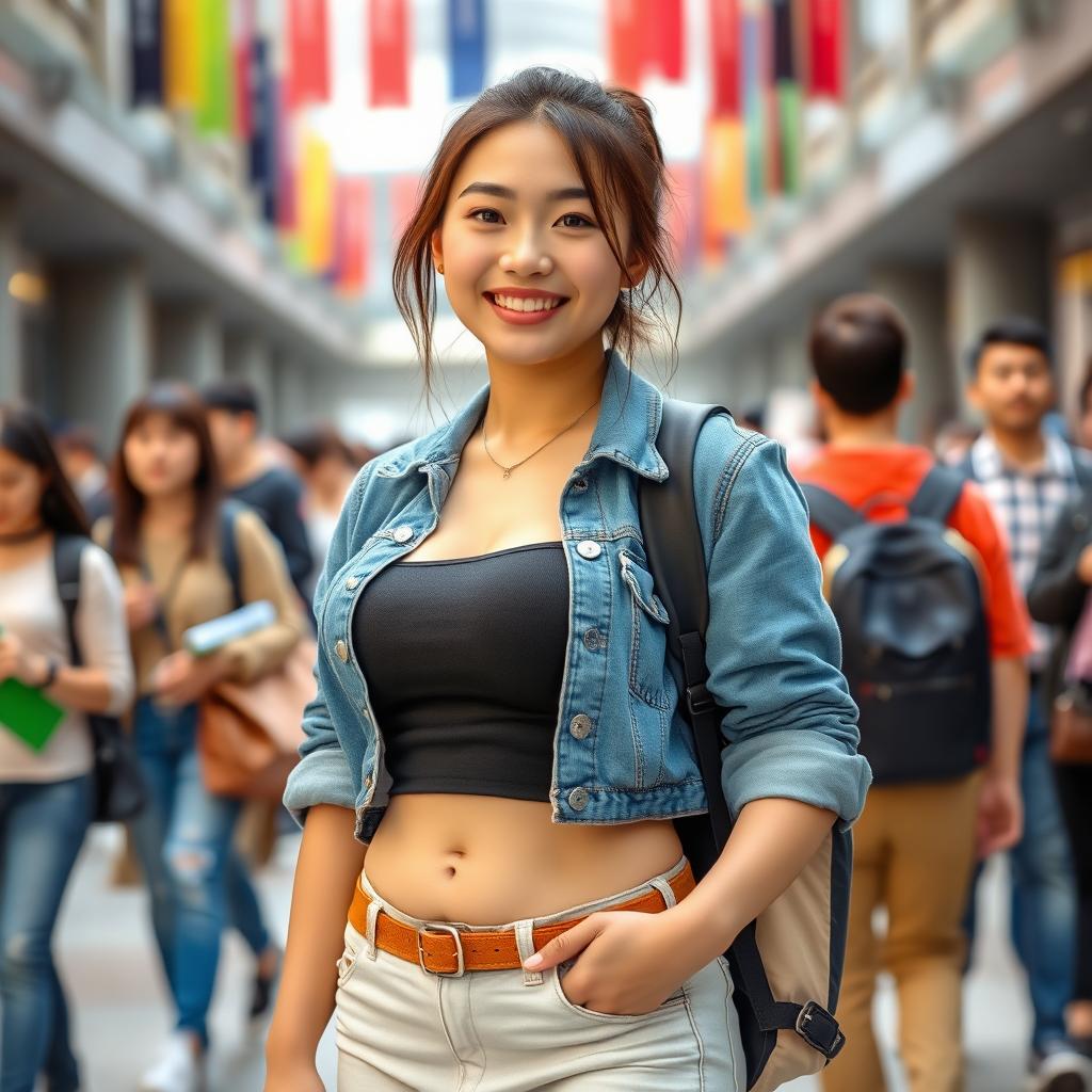 A beautiful, voluptuous female Chinese university student with very large breasts, confidently posing in a trendy, casual outfit