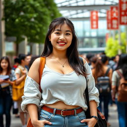 A beautiful, voluptuous female Chinese university student with very large breasts, confidently posing in a trendy, casual outfit