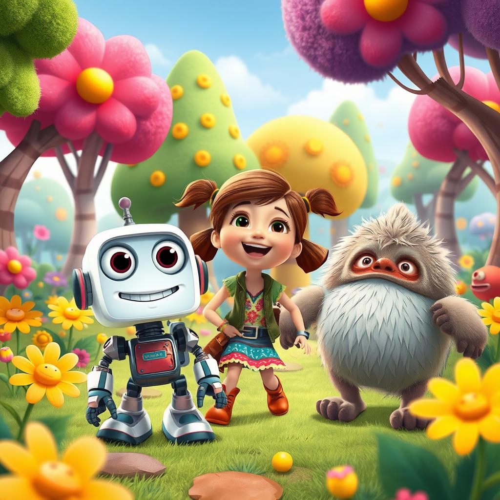 A vibrant and imaginative scene inspired by Pixar animation style, featuring a group of cartoonish, friendly characters engaged in a fun outdoor adventure