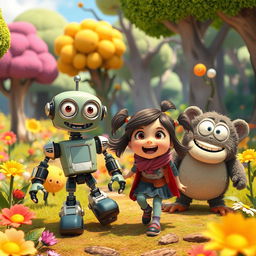 A vibrant and imaginative scene inspired by Pixar animation style, featuring a group of cartoonish, friendly characters engaged in a fun outdoor adventure