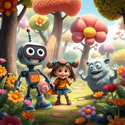 A vibrant and imaginative scene inspired by Pixar animation style, featuring a group of cartoonish, friendly characters engaged in a fun outdoor adventure