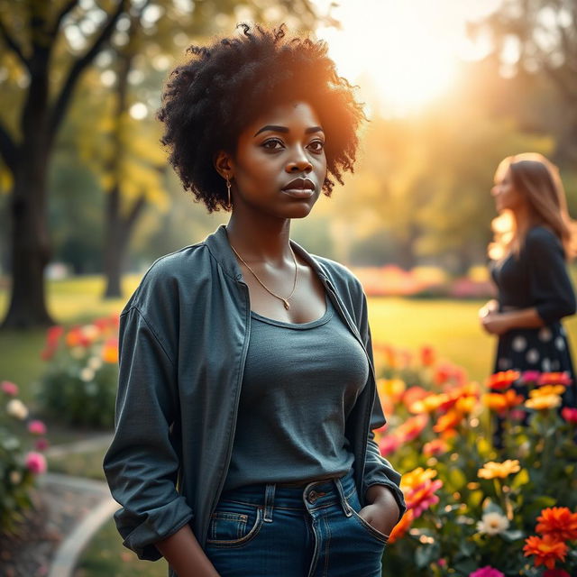 An emotionally impactful scene featuring Lucy, a beautiful black woman with natural curly hair, dressed in a fashionable yet casual outfit that exudes confidence