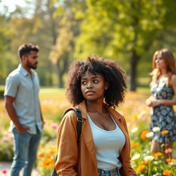 An emotionally impactful scene featuring Lucy, a beautiful black woman with natural curly hair, dressed in a fashionable yet casual outfit that exudes confidence