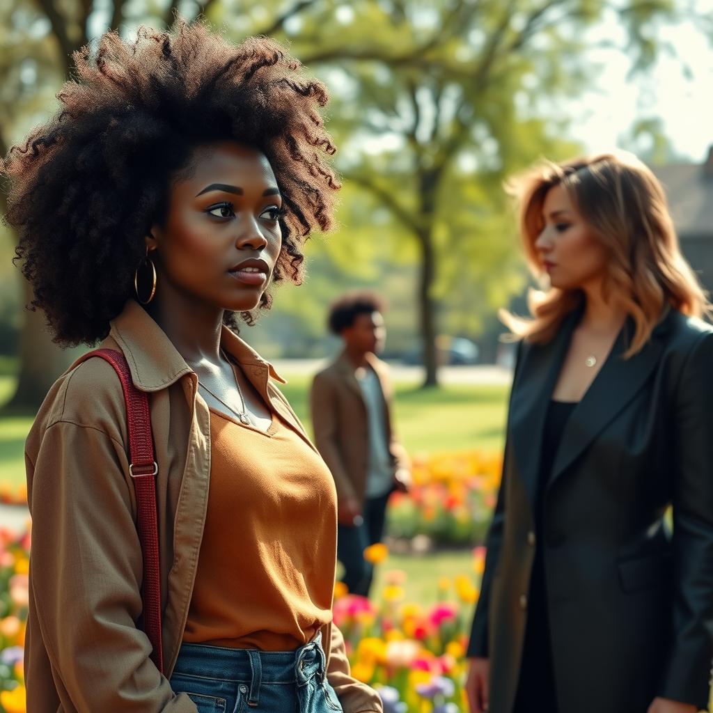 An emotionally impactful scene featuring Lucy, a beautiful black woman with natural curly hair, dressed in a fashionable yet casual outfit that exudes confidence