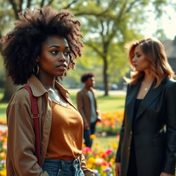 An emotionally impactful scene featuring Lucy, a beautiful black woman with natural curly hair, dressed in a fashionable yet casual outfit that exudes confidence