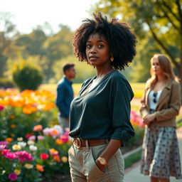 An emotionally impactful scene featuring Lucy, a beautiful black woman with natural curly hair, dressed in a fashionable yet casual outfit that exudes confidence
