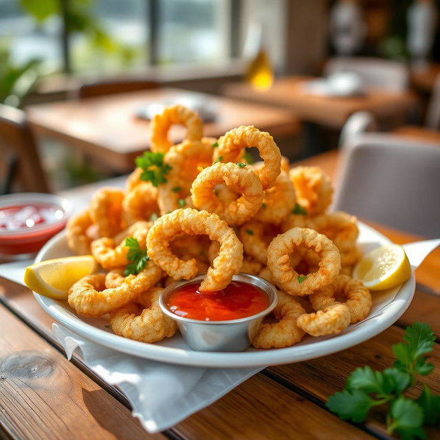A beautifully plated dish of golden fried calamari, freshly cooked, garnished with parsley and served with a lemon wedge