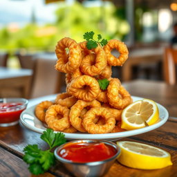 A beautifully plated dish of golden fried calamari, freshly cooked, garnished with parsley and served with a lemon wedge