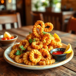 A beautifully plated dish of golden fried calamari, freshly cooked, garnished with parsley and served with a lemon wedge
