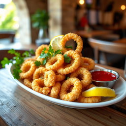 A beautifully plated dish of golden fried calamari, freshly cooked, garnished with parsley and served with a lemon wedge