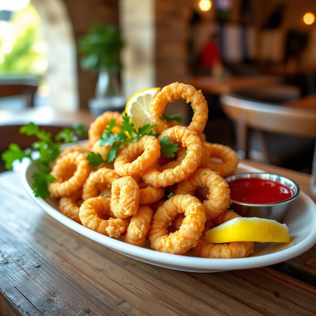 A beautifully plated dish of golden fried calamari, freshly cooked, garnished with parsley and served with a lemon wedge