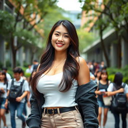 A beautiful, voluptuous Chinese female university student with very large breasts and a slim body, wearing a fashionable yet casual outfit