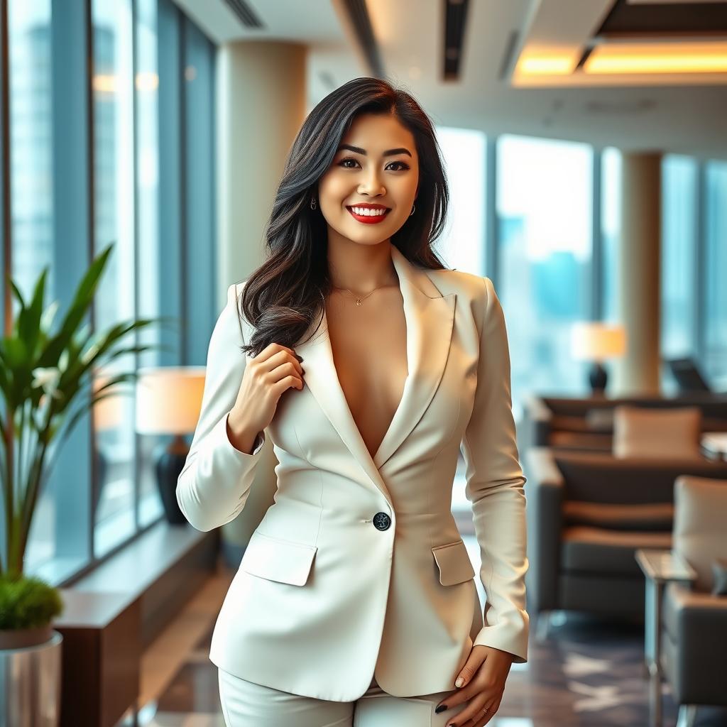 A stunning, voluptuous Chinese businesswoman with very large breasts and a slim figure, dressed in an elegant and stylish business outfit