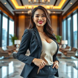 A stunning, voluptuous Chinese businesswoman with very large breasts and a slim figure, dressed in an elegant and stylish business outfit