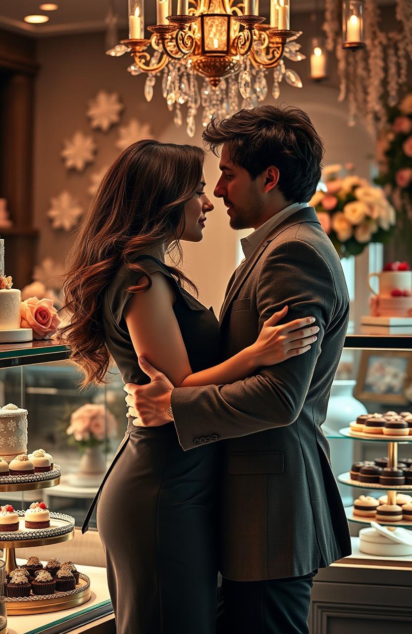 A romantic scene inspired by 'Bitter Sweet Confections' by MilkieCake, showcasing a mature couple in a dramatic embrace inside a stylish, elegant confectionery shop