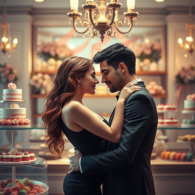 A romantic scene inspired by 'Bitter Sweet Confections' by MilkieCake, presenting a dramatic and passionate moment between a couple in a beautifully decorated confectionery shop
