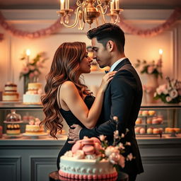 A romantic scene inspired by 'Bitter Sweet Confections' by MilkieCake, presenting a dramatic and passionate moment between a couple in a beautifully decorated confectionery shop