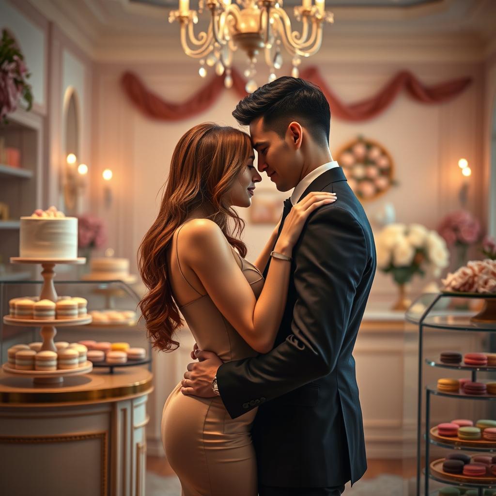 A romantic scene inspired by 'Bitter Sweet Confections' by MilkieCake, presenting a dramatic and passionate moment between a couple in a beautifully decorated confectionery shop