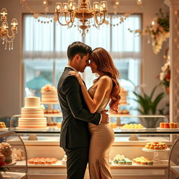 A romantic scene inspired by 'Bitter Sweet Confections' by MilkieCake, presenting a dramatic and passionate moment between a couple in a beautifully decorated confectionery shop