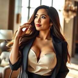 A beautiful Indonesian woman with large breasts, dressed elegantly, exuding confidence and charisma, embodying the essence of a wealthy entrepreneur