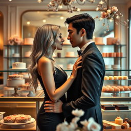 A romantic scene inspired by 'Bitter Sweet Confections' by MilkieCake, featuring a dramatic moment between a couple inside an elegant confectionery shop