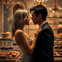 A romantic scene inspired by 'Bitter Sweet Confections' by MilkieCake, featuring a dramatic moment between a couple inside an elegant confectionery shop
