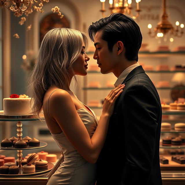 A romantic scene inspired by 'Bitter Sweet Confections' by MilkieCake, featuring a dramatic moment between a couple inside an elegant confectionery shop