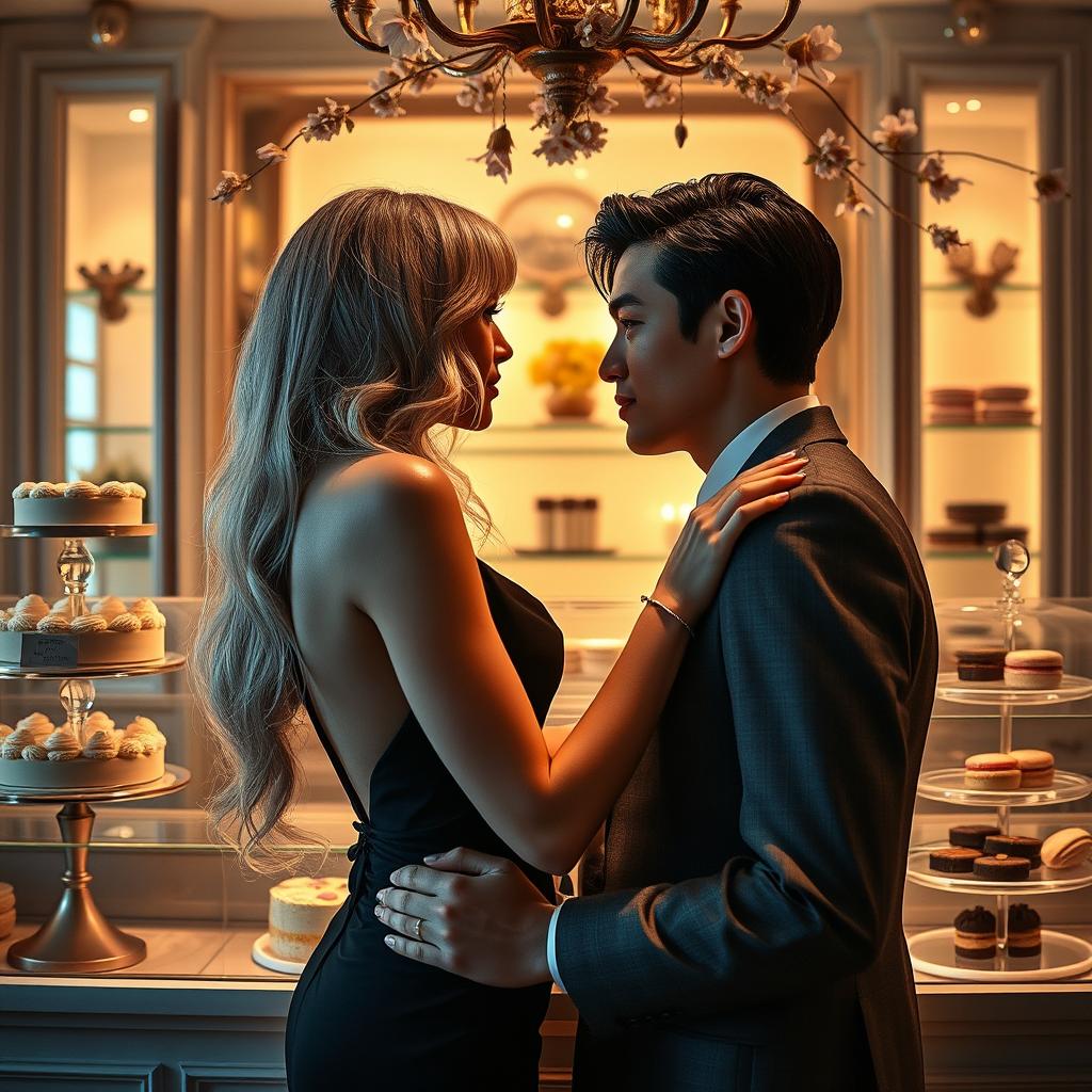 A romantic scene inspired by 'Bitter Sweet Confections' by MilkieCake, featuring a dramatic moment between a couple inside an elegant confectionery shop