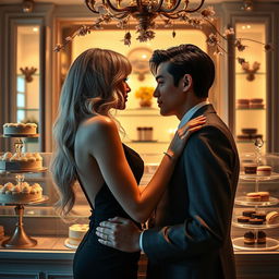 A romantic scene inspired by 'Bitter Sweet Confections' by MilkieCake, featuring a dramatic moment between a couple inside an elegant confectionery shop