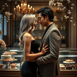 A romantic scene inspired by 'Bitter Sweet Confections' by MilkieCake, featuring a dramatic moment between a couple inside an elegant confectionery shop